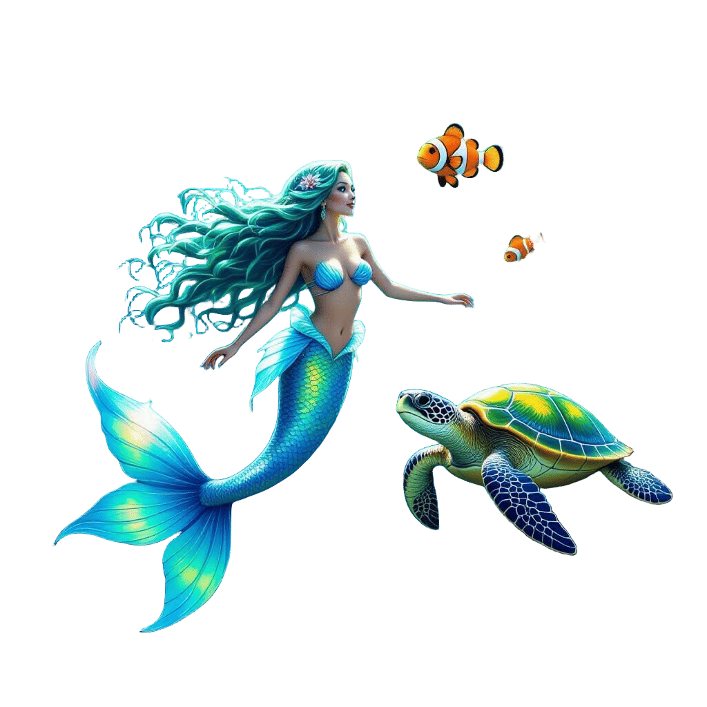 Mermaid and Friends in Vibrant Bioluminescent Coral Reef