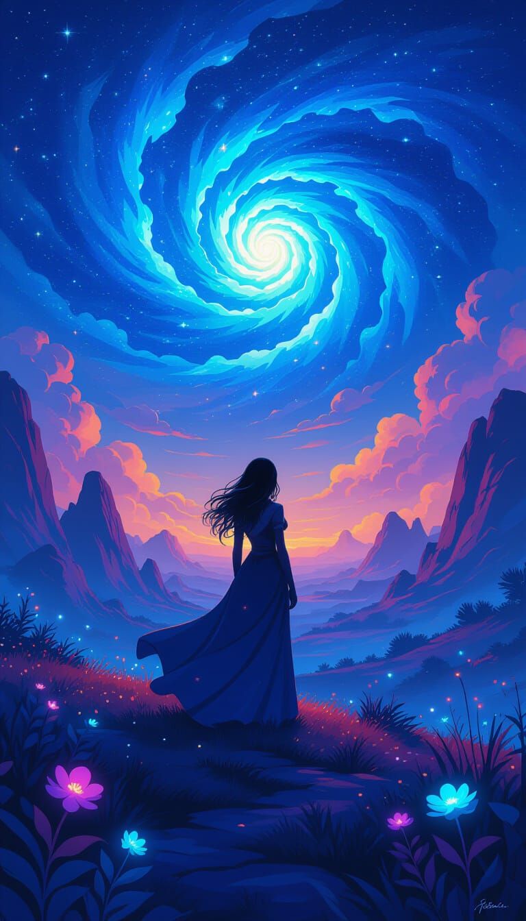 Alien Planet Nightscape in Gouache and Watercolor Style