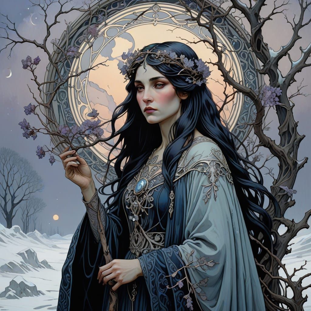 Elegant Slavic Goddess of Death in Alphonse Mucha Style