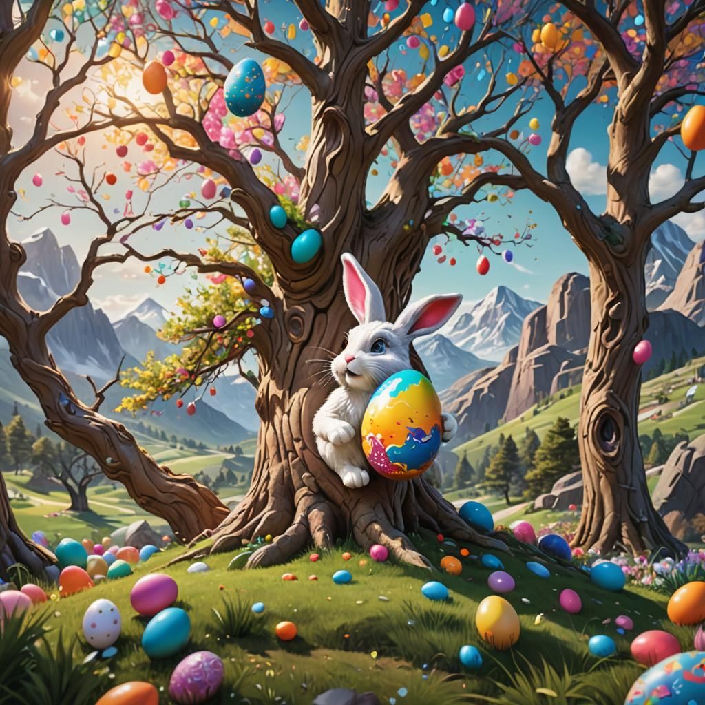 Easter Bunny Hiding Colorful Egg in Epic Landscape