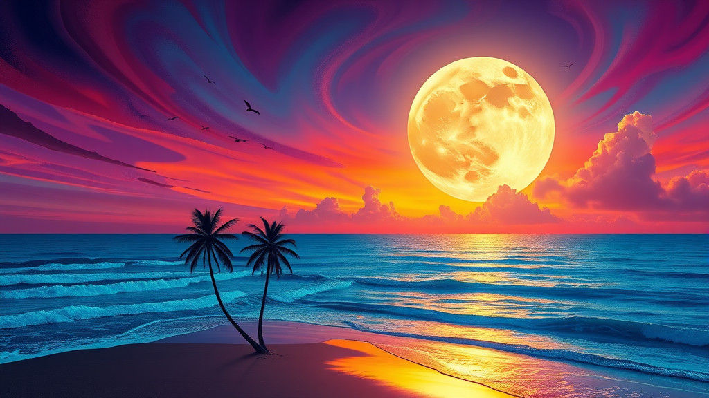 Tropical Full Moon Over Vibrant Sunset Beach