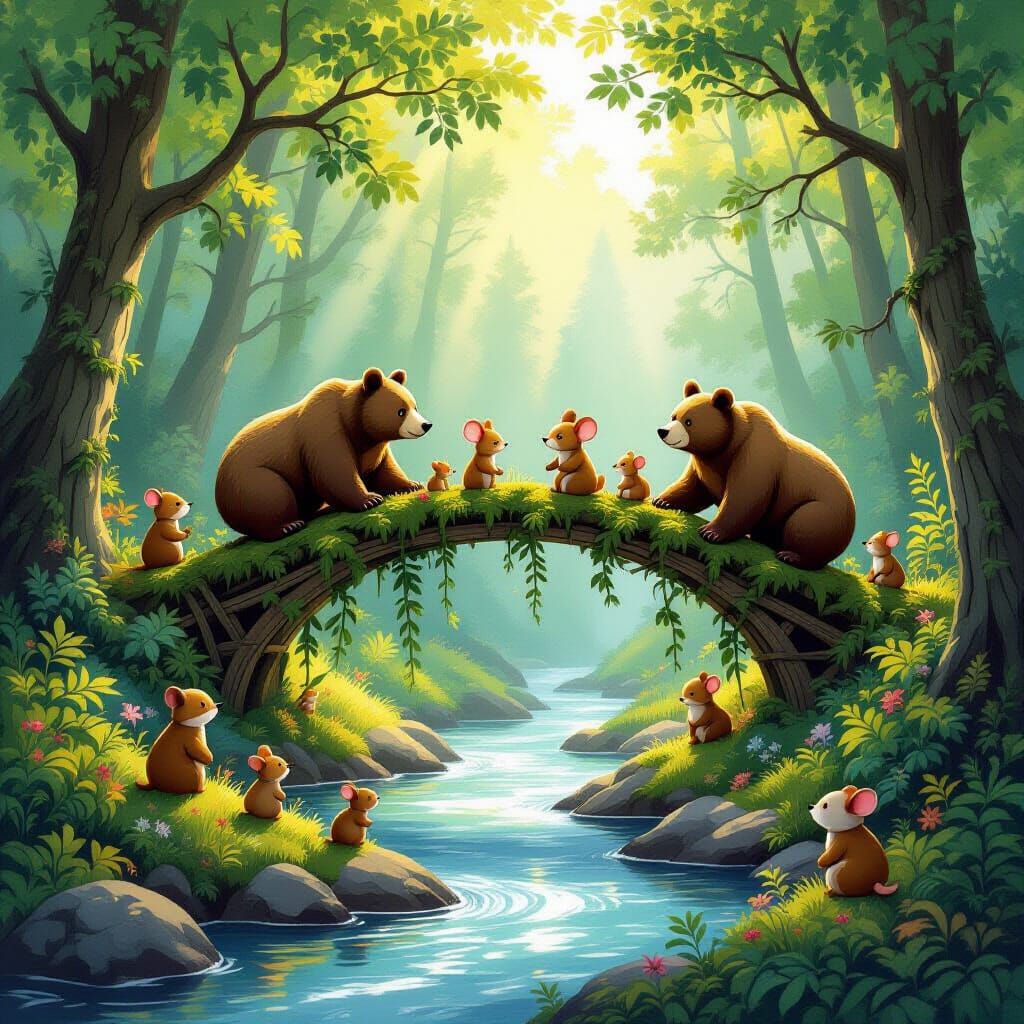 Forest Animals Marvel at New Wooden Bridge in Storybook Styl...