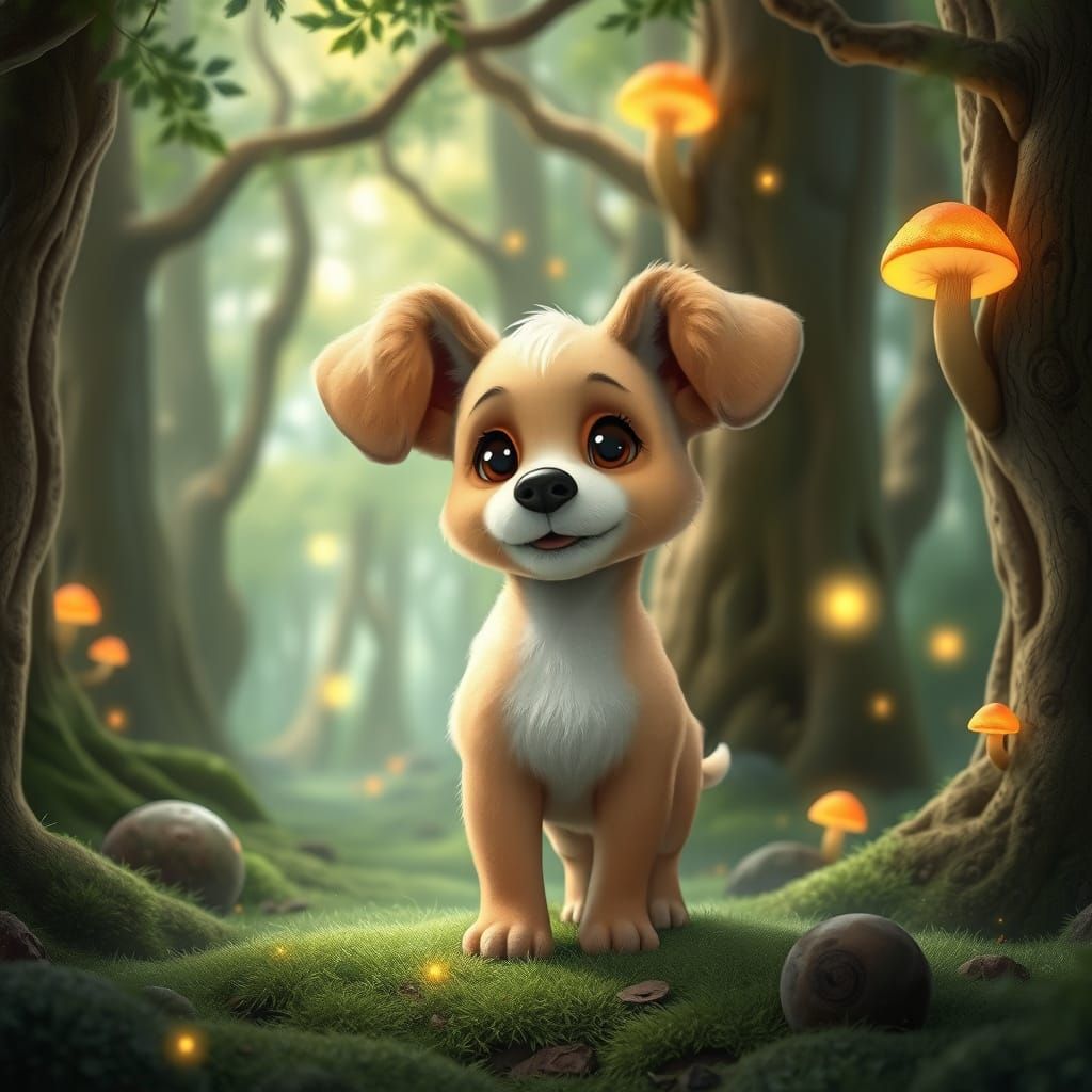 Whimsical Woodland Puppy in Vibrant Forest
