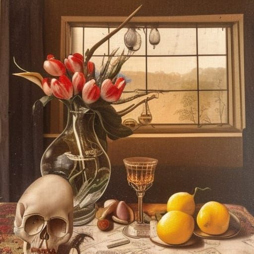 Renaissance Still Life with Skull and Flowers