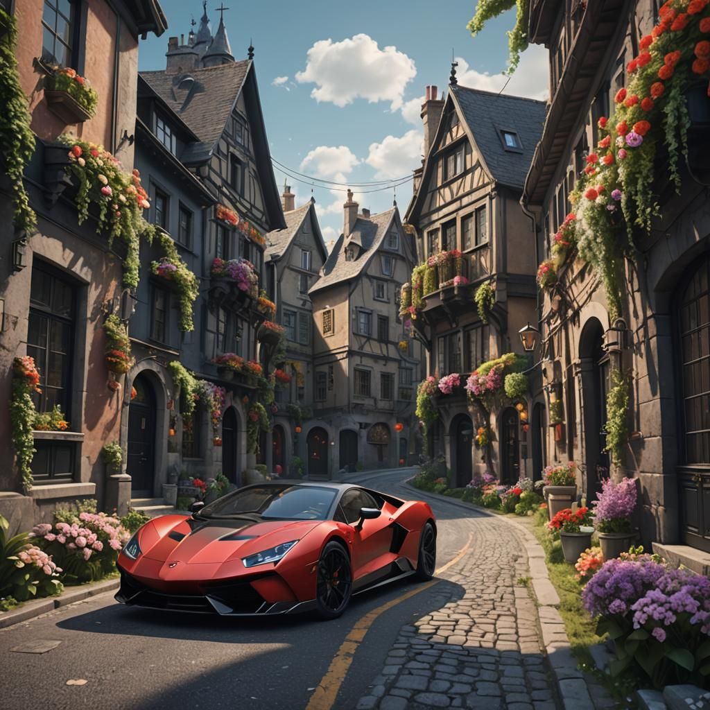 Luxury Super Car Cruises Down a Vibrant Town Lane in Cyberpu...