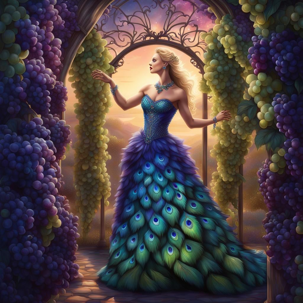 Glamorous Fantasy Goddess in Iridescent Gown and Peacock Fea...