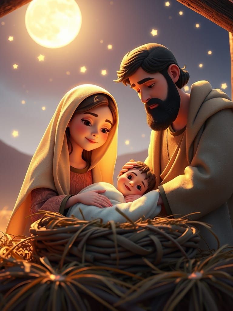 Pixar-Style Nativity Scene in Soft 3D Animation