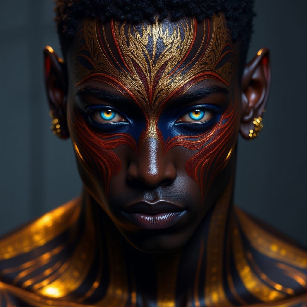 Utopian Man with Golden Tribal Makeup and Sapphire Eyes