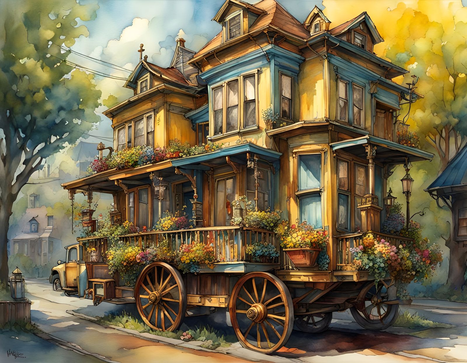 Steampunk House on Wheels with Vibrant Candy Coated Details