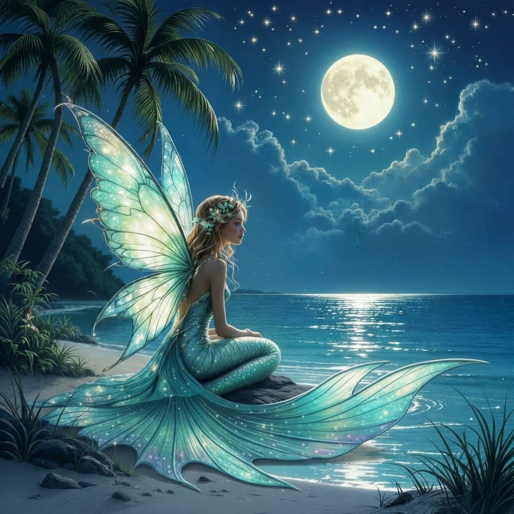 Fairy with Luminescent Wings on Moonlit Island Shore