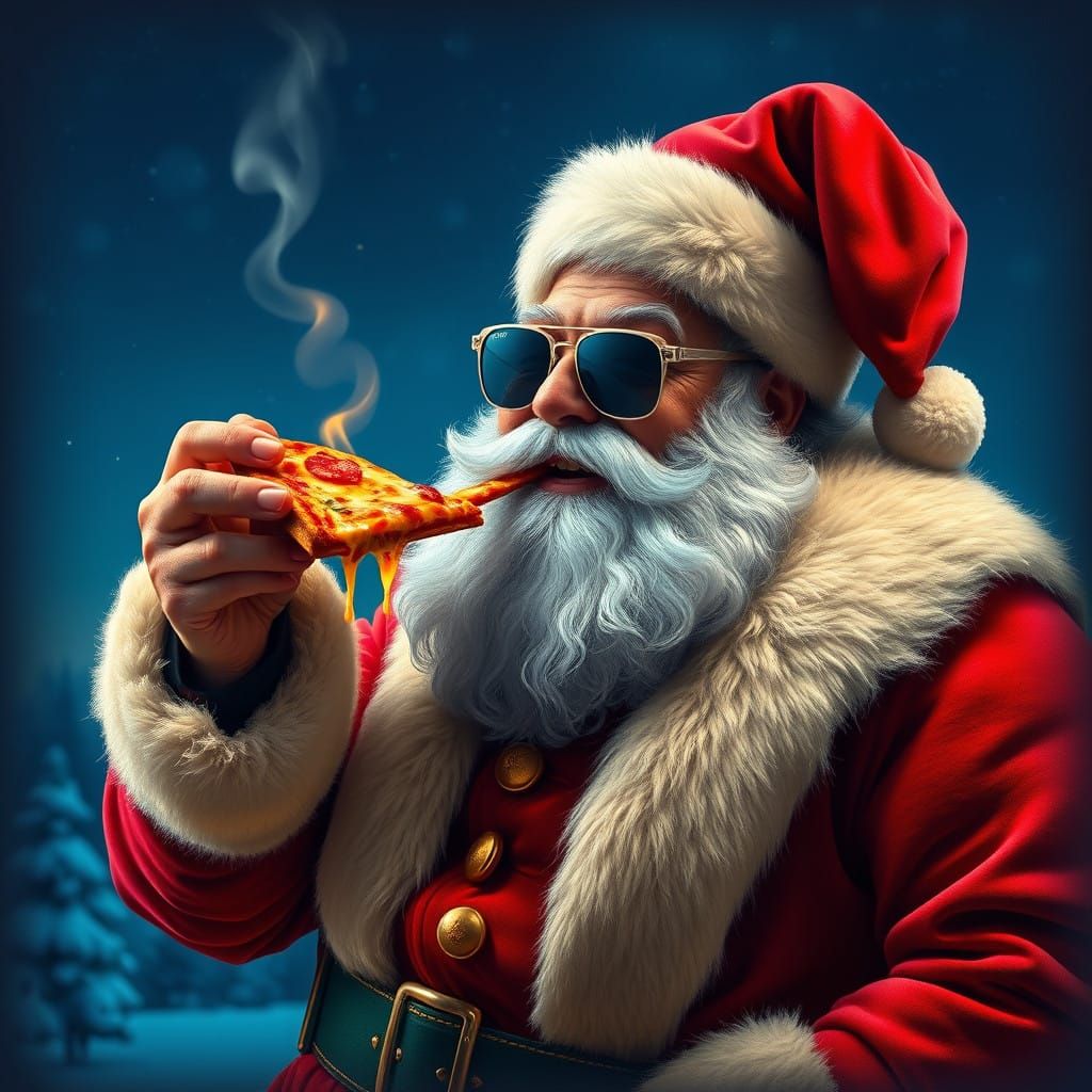 Magical Santa Claus Enjoys Pizza in Cyberpunk Style