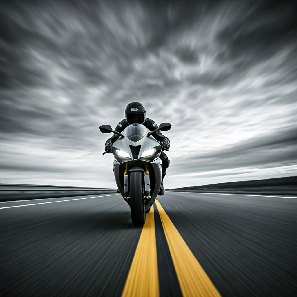 High-Speed Motorcycle Racer in Dramatic Grayscale Scene