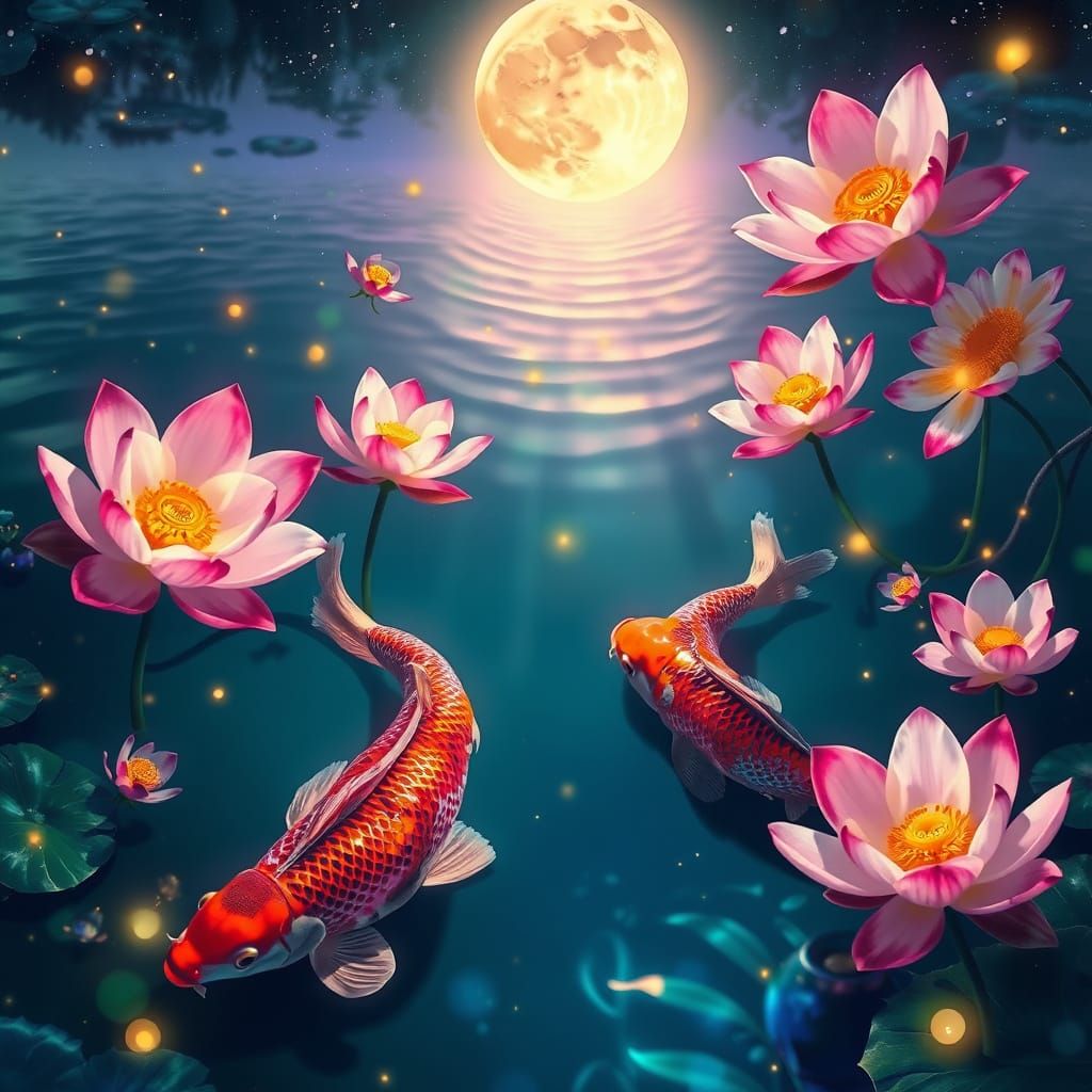 Moonlit Koi Pond in Cosmic Style