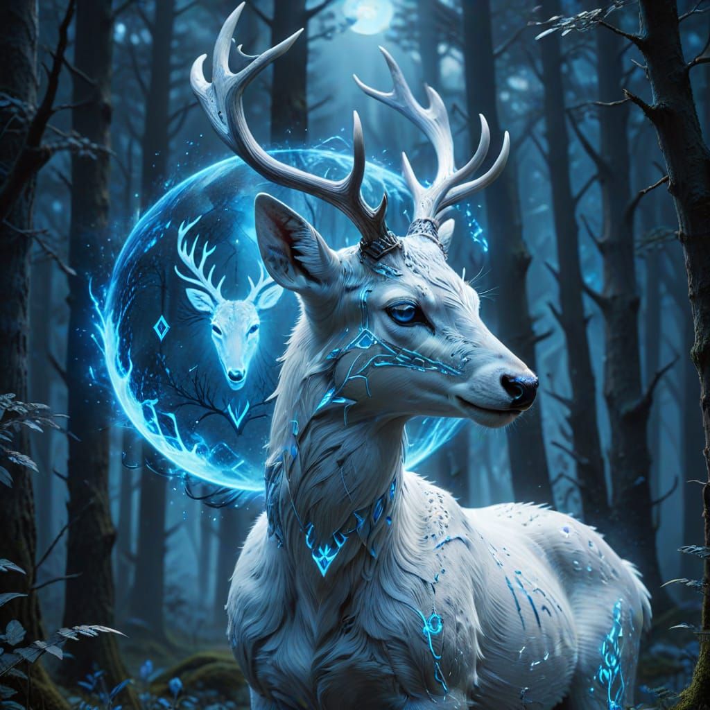 White Deer with Blue Runes in Misty Forest