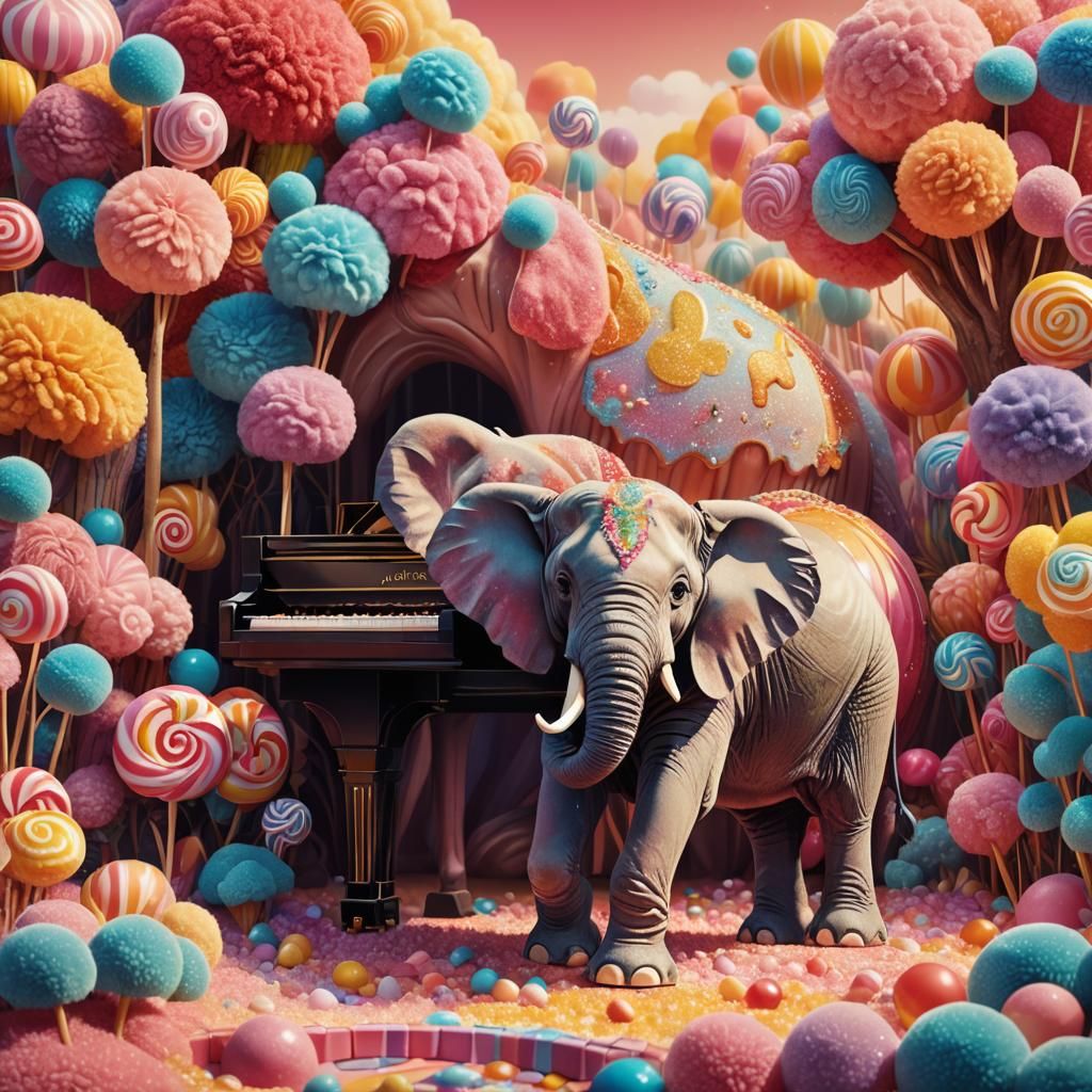 Whimsical Piano Landscape with Elephant in Candy Art Style