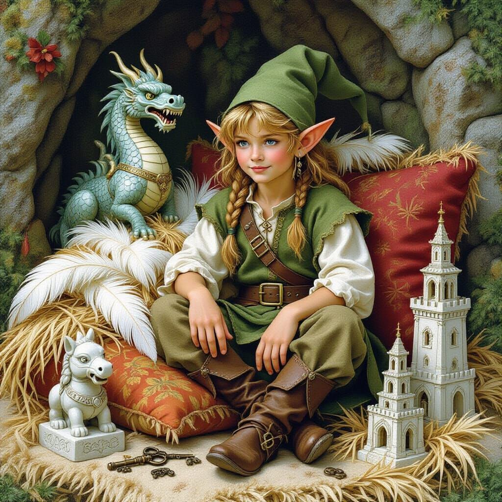 Dreamy Elf Surrounded by Mythical Treasures