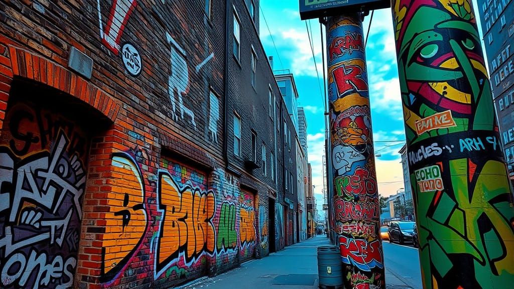 Playful Urban Street Art in Vibrant Dusk Cityscape