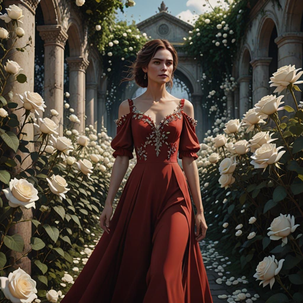 Elegant Fantasy Woman Amidst White Roses in a Vibrant Red Dr...