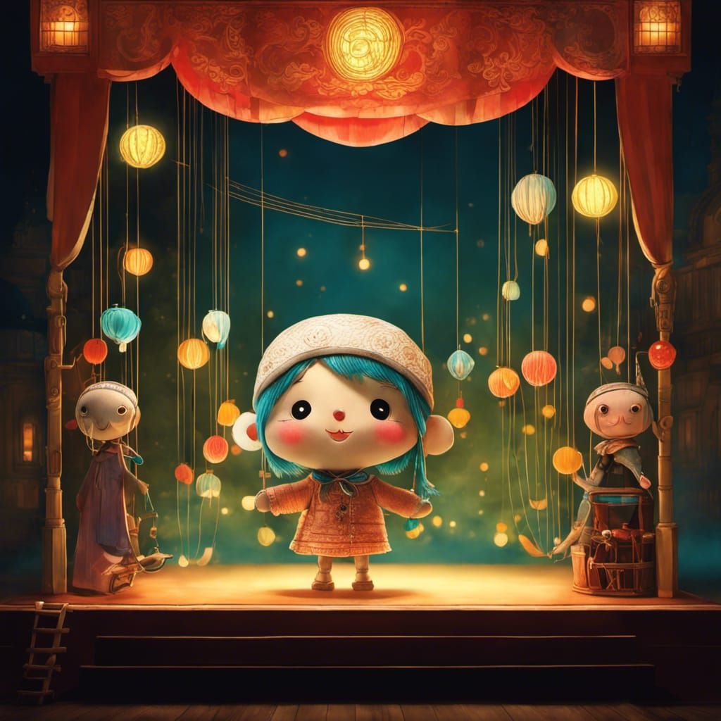 Colorful Puppet Theater Scene in Whimsical Style