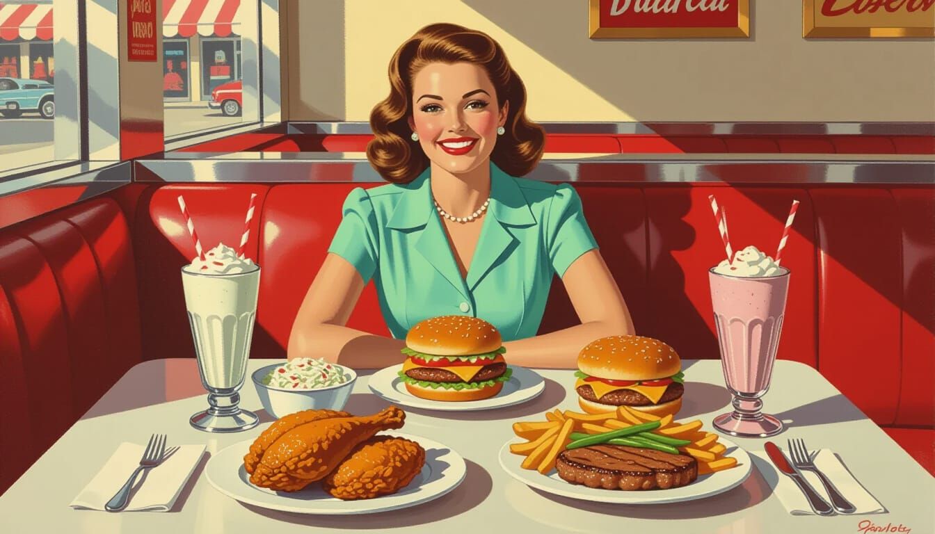 1950s Diner Scene: Woman Smiles Amidst Comfort Food