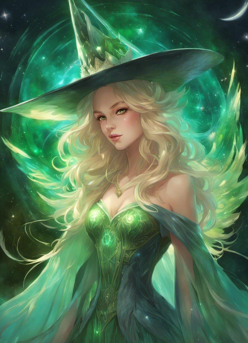 Celestial Witch in Opalescent Gown with Angelic Wings