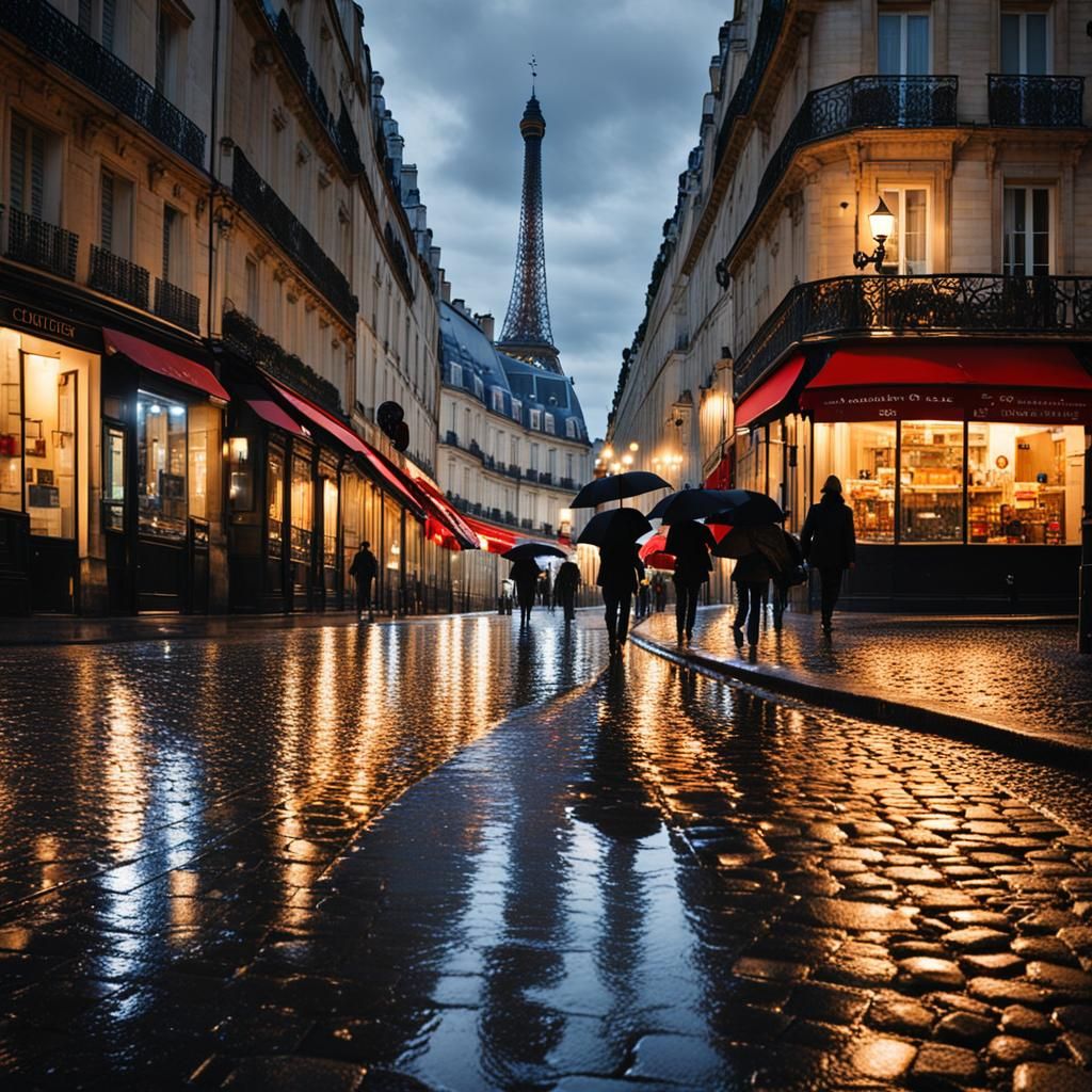 Parisian Street Scene on a Rainy Night