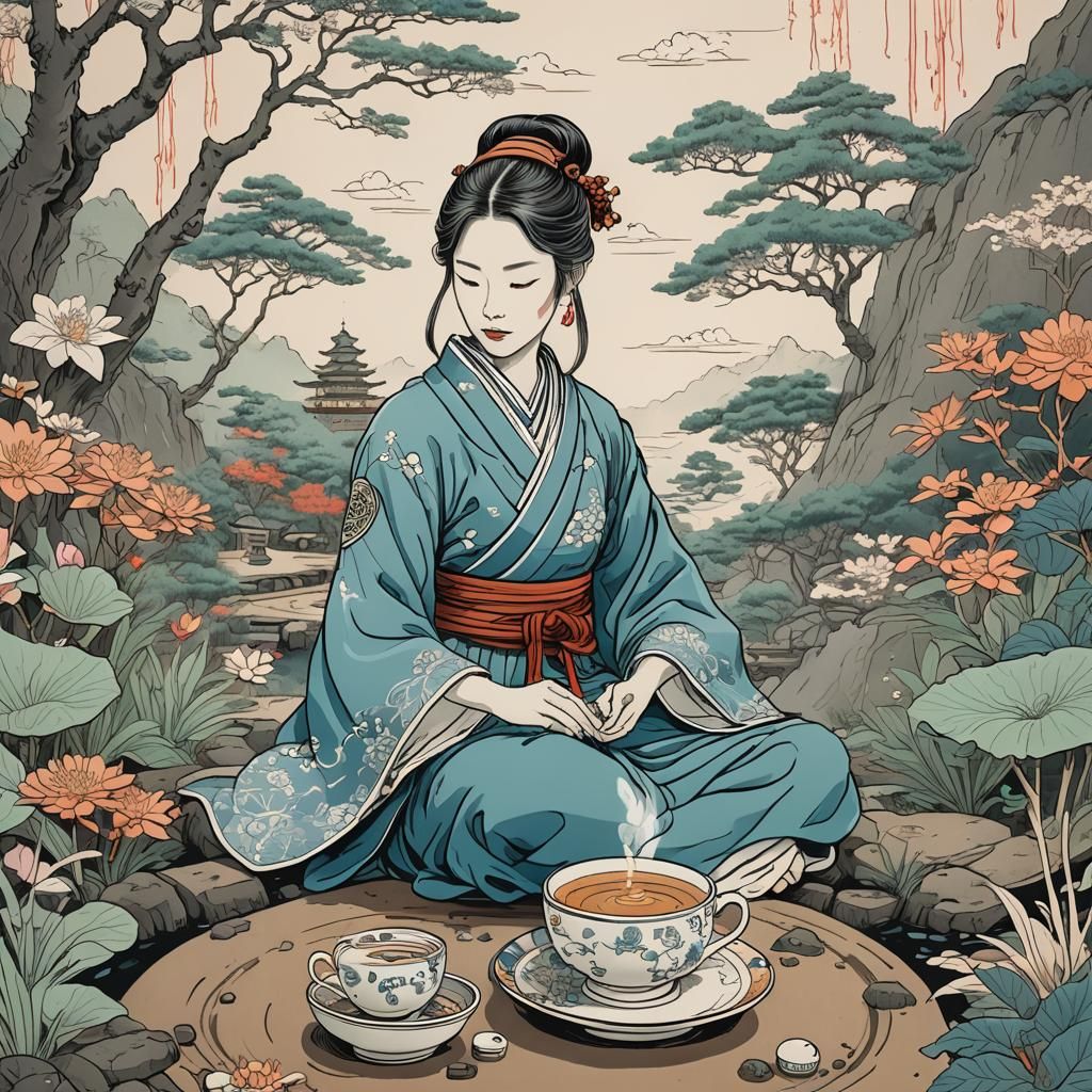 Samurai Woman in Whimsical Zen Garden Teacup