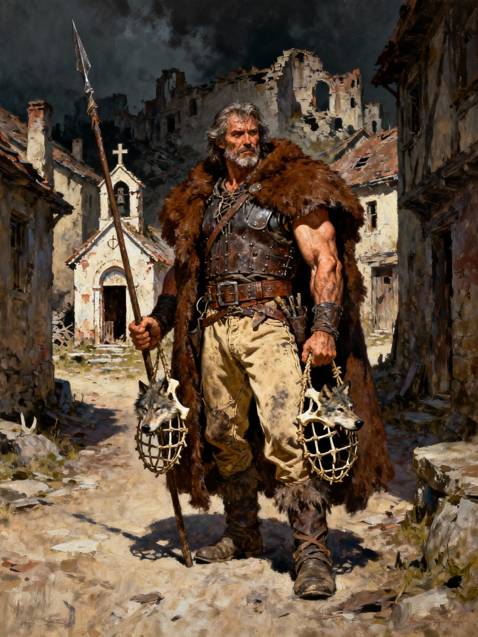 Muscular Trapper in Fur Coat with Bone Traps