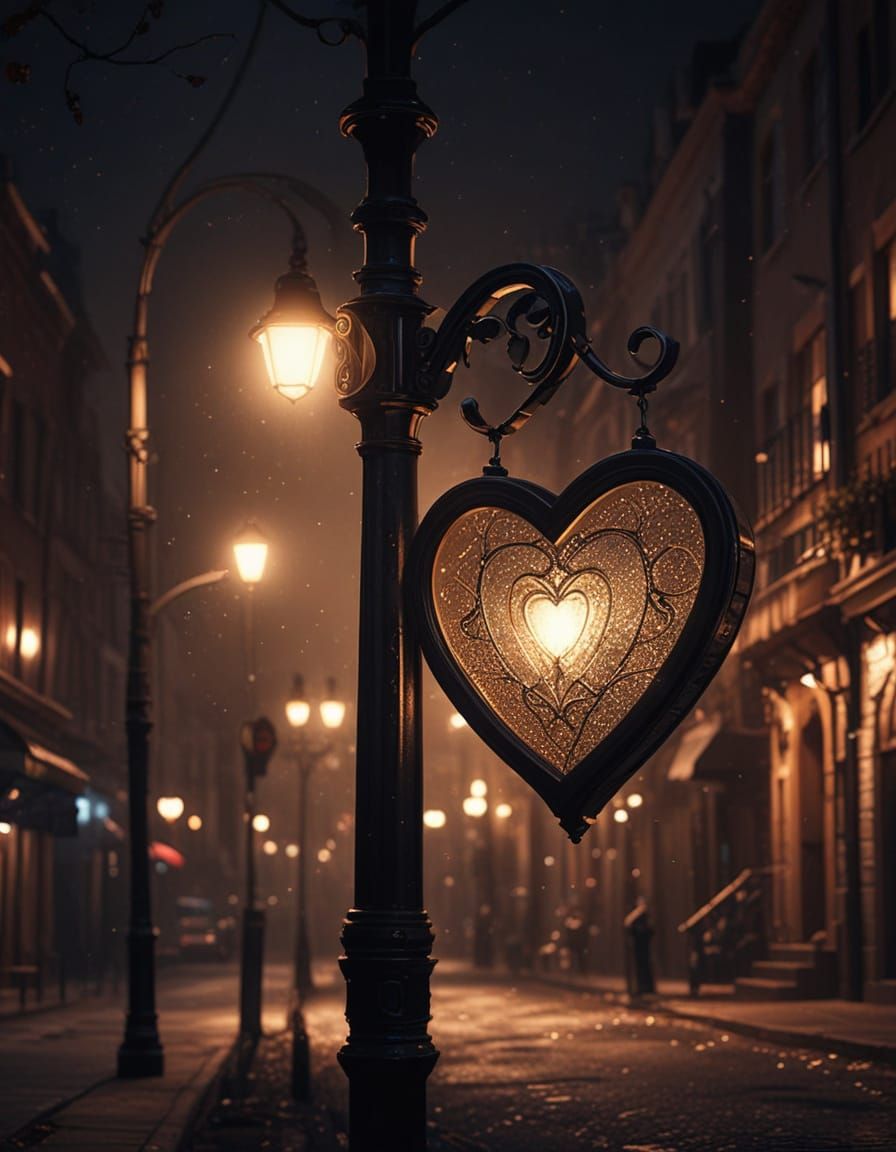 Heart Shaped Streetlight at Night, Realistic Digital Art