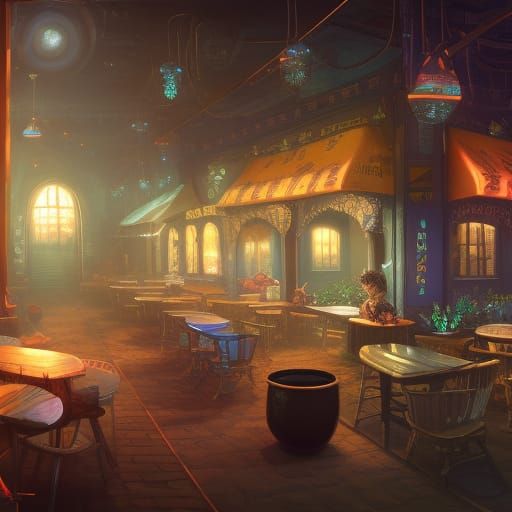 Surreal Nighttime Fantasy Cafe in Deep Color