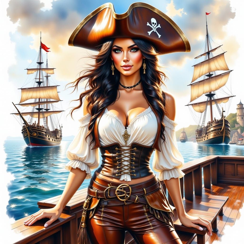 Impressionist Watercolor Portrait of a Female Pirate