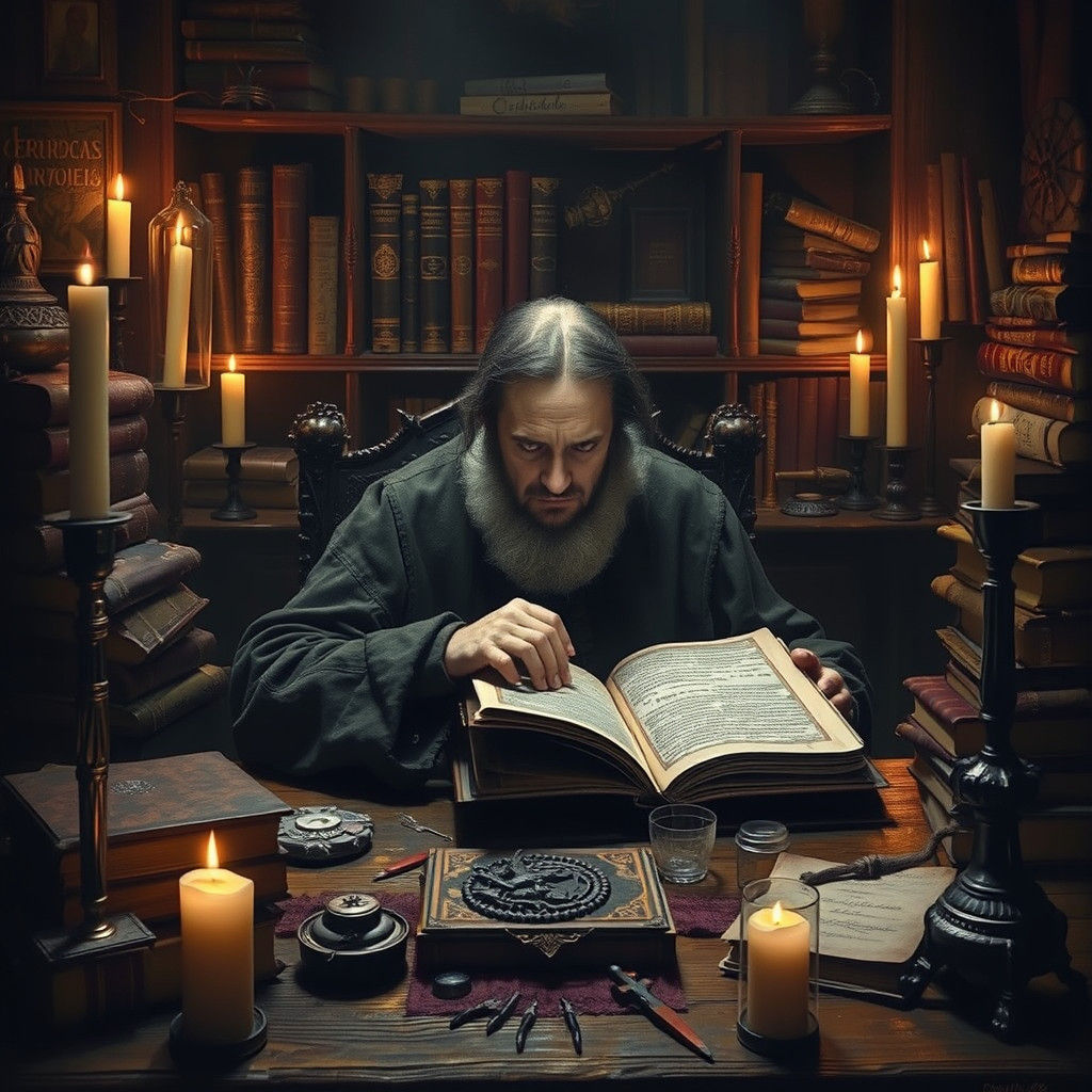 Medieval Scholar Ponders Forbidden Text in Dark, Gothic Sple...