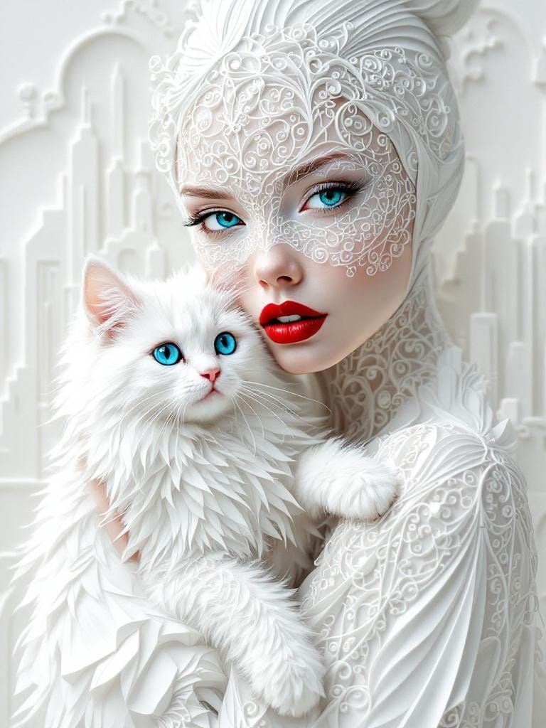 Papercraft Woman with Cat in Quilling Style