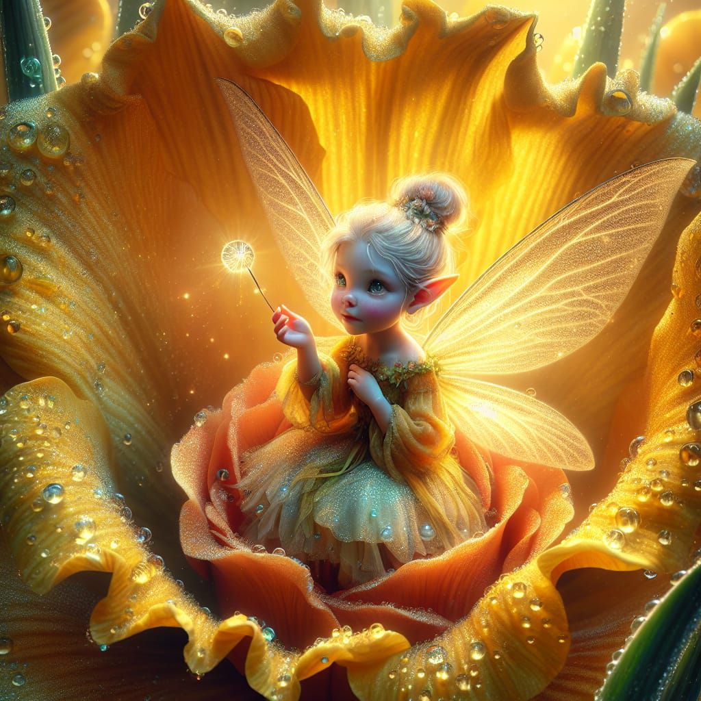 Ethereal Fairy Emerges from Daffodil Petals in Whimsical Fan...