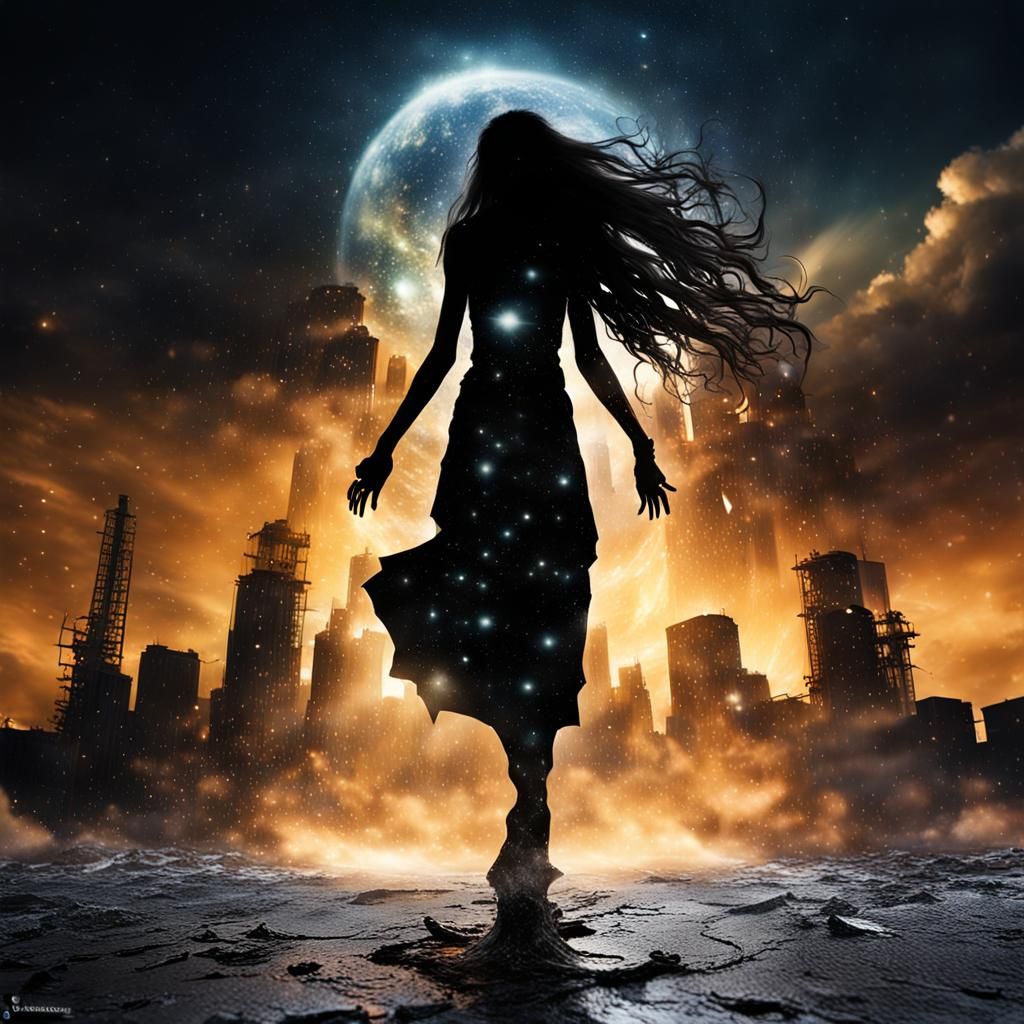 Surreal Cosmic Goddess in Cosmic Dress with Nuclear Reactor