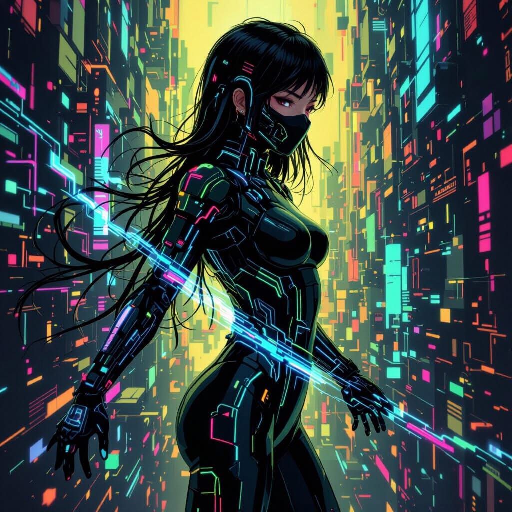 Cyberpunk Girl Falling Through Digital Cosmos in Dynamic Pos...