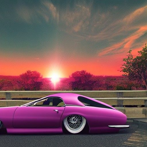 Hyper Realistic Vintage Car Amidst a Pink Sunset Landscape