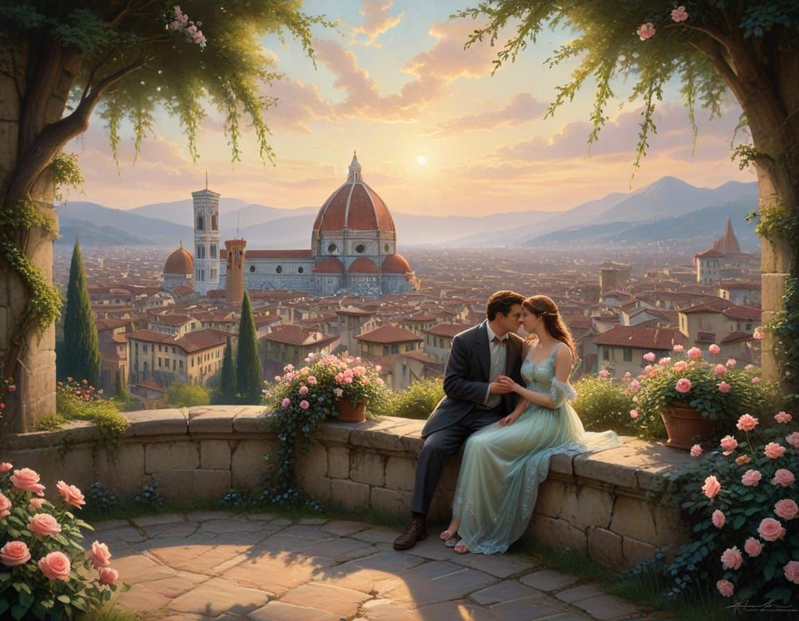 Romantic Couple in Florence Garden at Golden Hour
