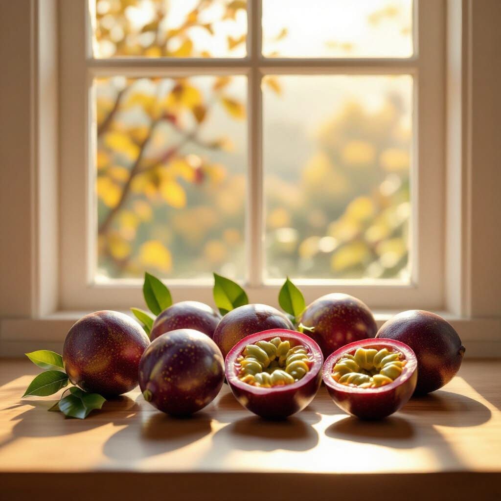Ripe Passion Fruits on Table in Golden Daylight