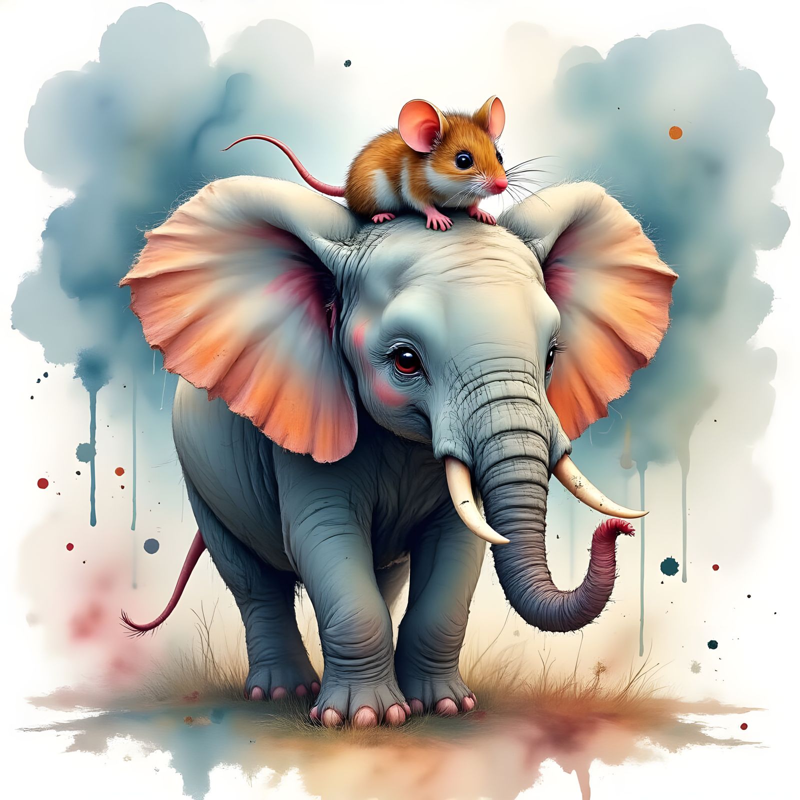 Cute Mouse Rides Elephant in Watercolour Style
