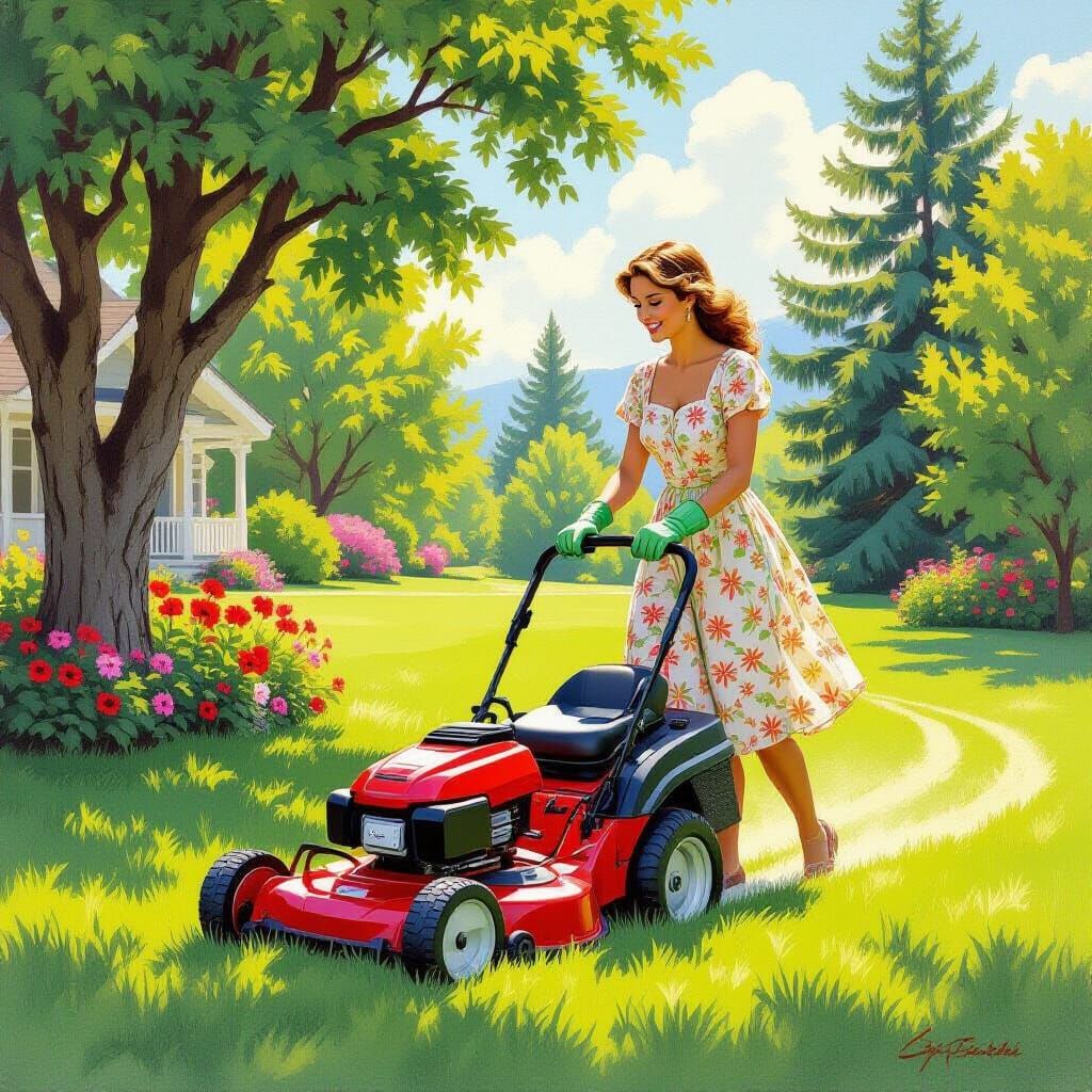 Woman Mowing Lawn in a Whimsical Style