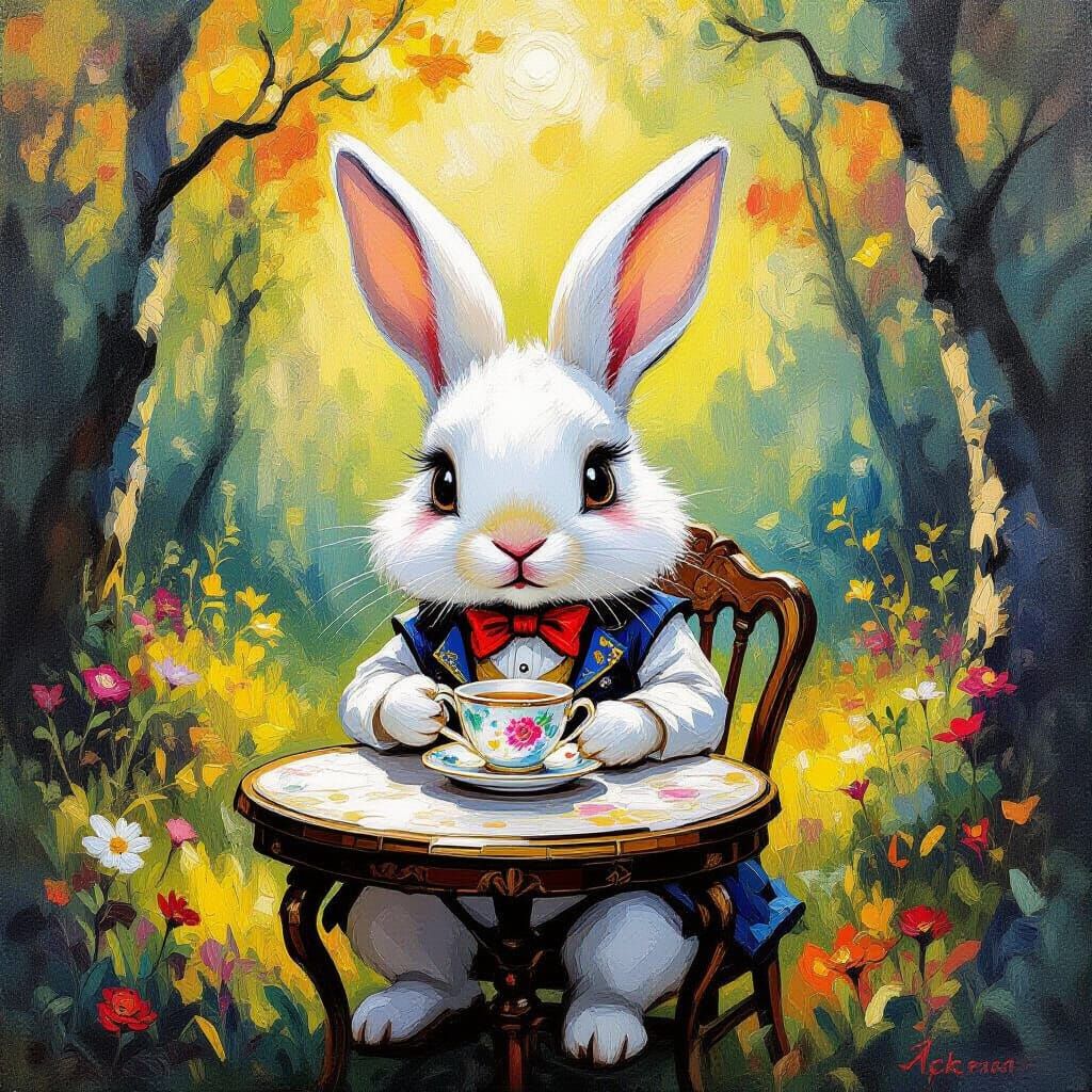 Fluffy Rabbit in Enchanted Forest Impasto Oil Painting