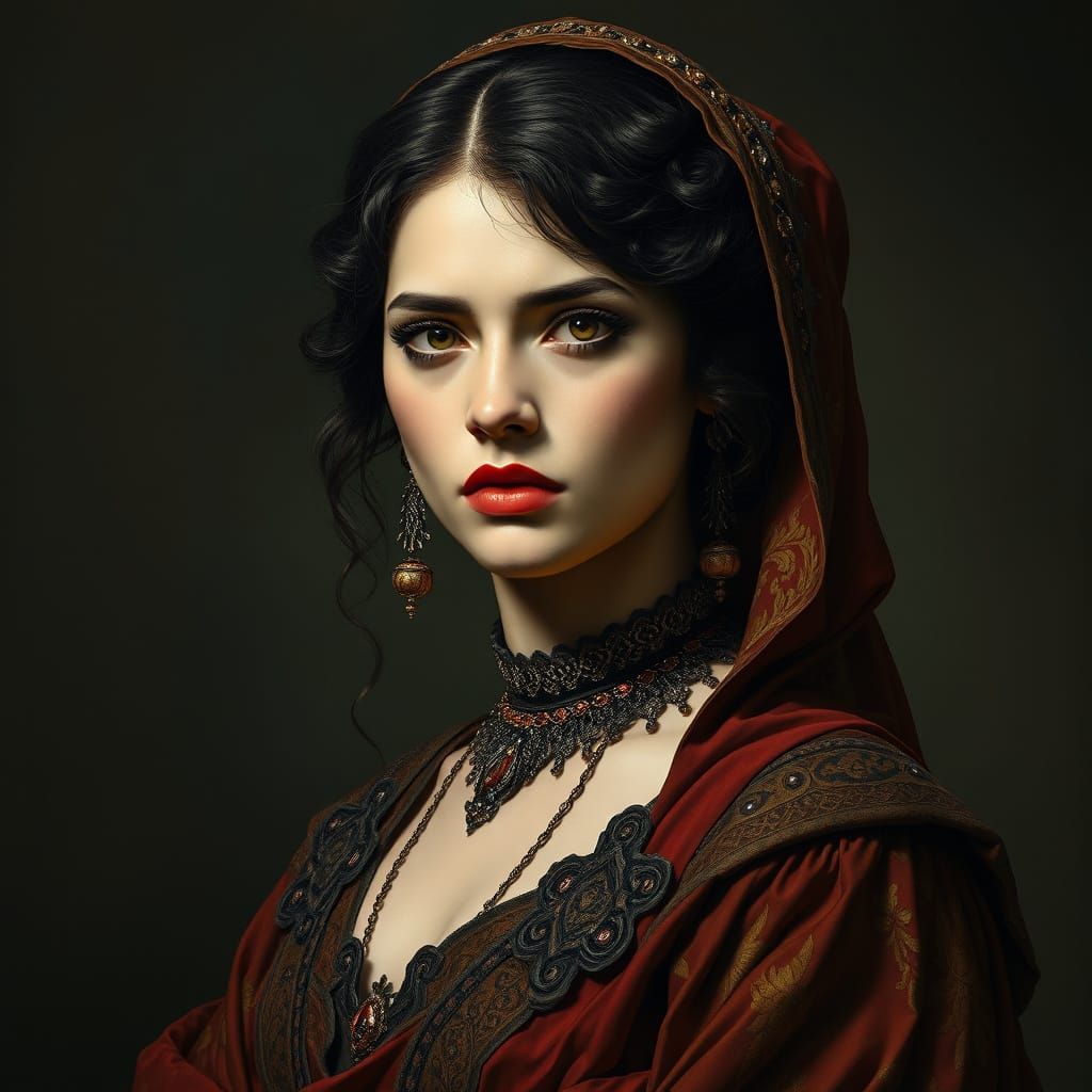 Dramatic Portrait of a Mysterious Woman in Intricate Attire