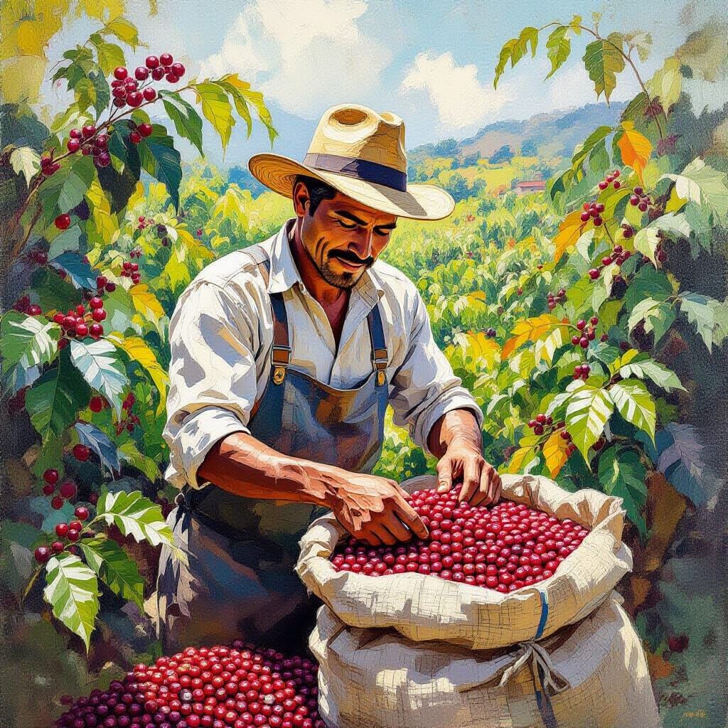Costa Rican Farmer Harvesting Coffee Grains in Gouache Style