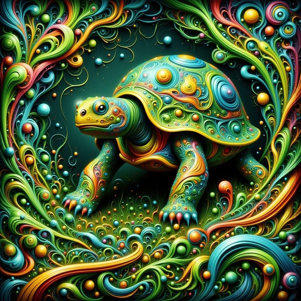 Vibrant Psychedelic Tortoise in Whirling Geometric Dreamscap...