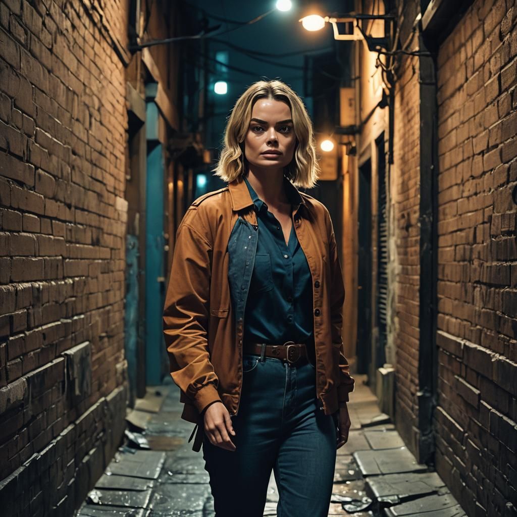 Margot Robbie in Cinematic Film Noir Alleyway
