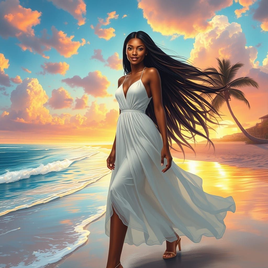 Ethereal Woman on Exotic Beach in Mythic Style