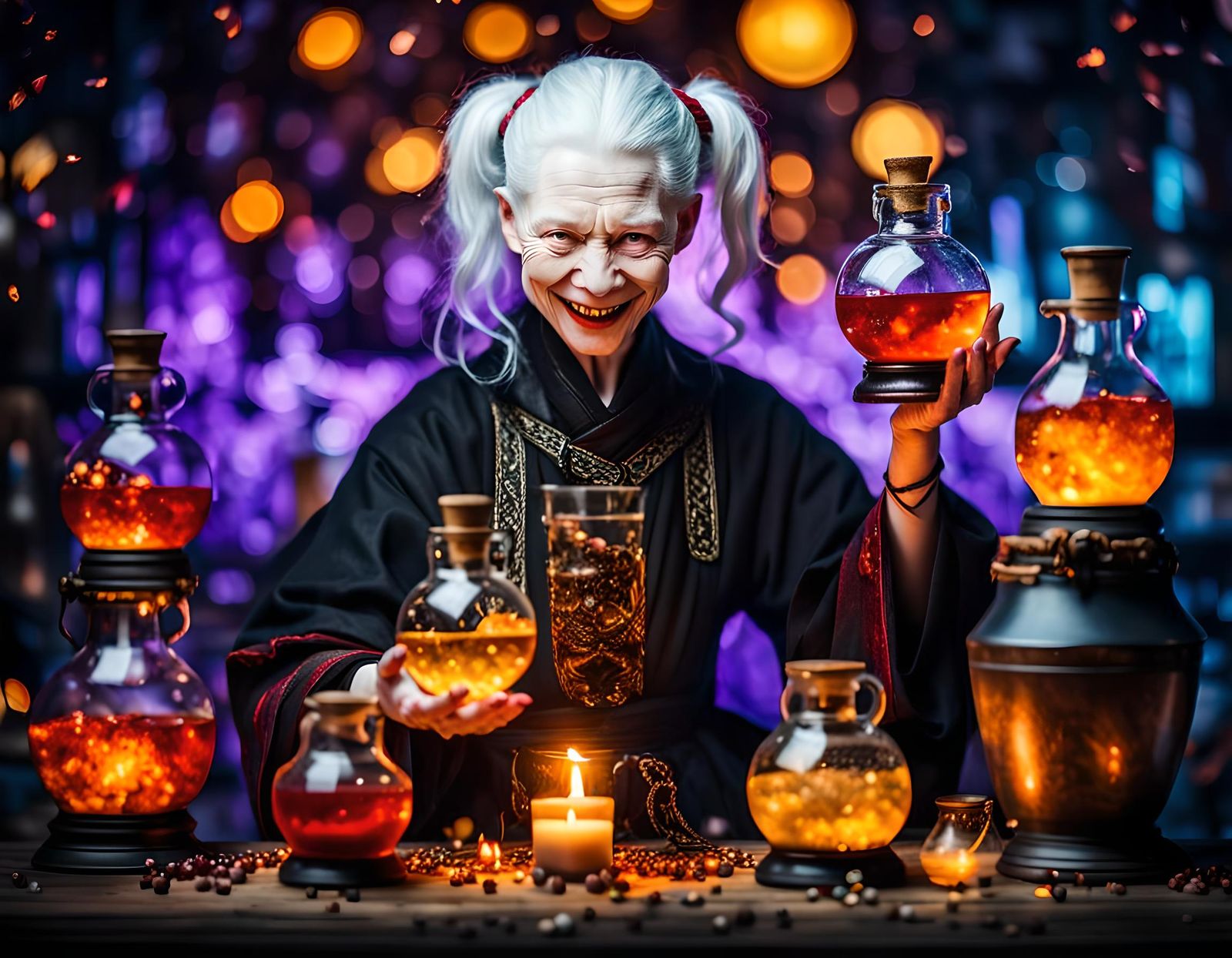 Alchemist Woman Smirks in Grimdark Fantasy Portrait