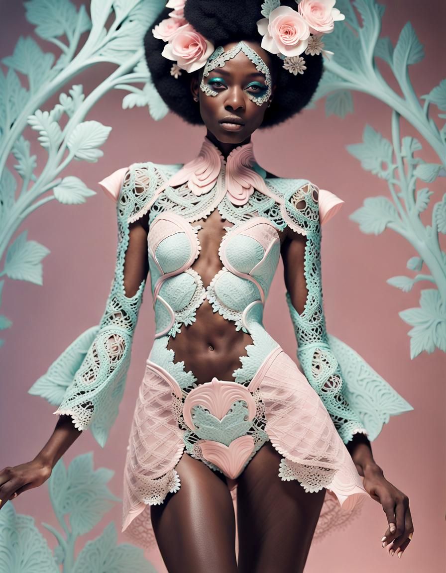 Stunning Black Woman in Fractal-Inspired Haute Couture