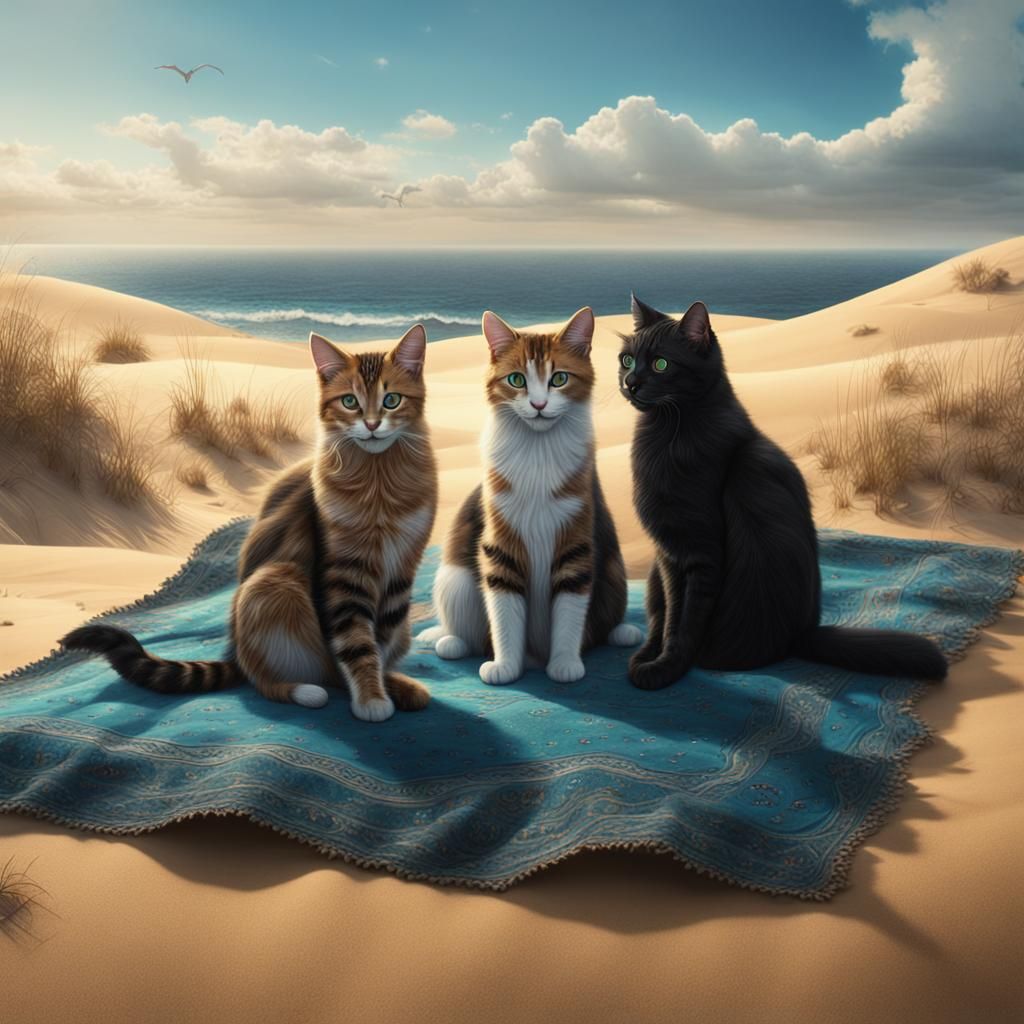 Fantastical Beachside Felines on a Vibrant Dune Blanket